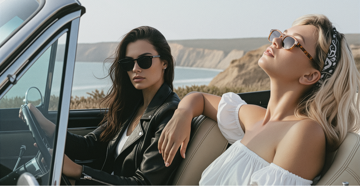 Two women in a convertible car with scenic background wearing Paz Eyewear